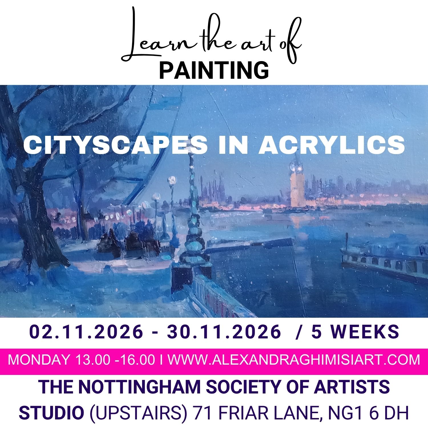 From the organiser's page for Cityscape painting in acrylics (five-week course)